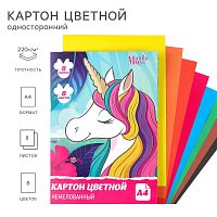 Картон цветной, А4, 8 листов, 8 цветов, немелованный, односторонний, в папке, 220 г/м², Минни Маус и Единорог_