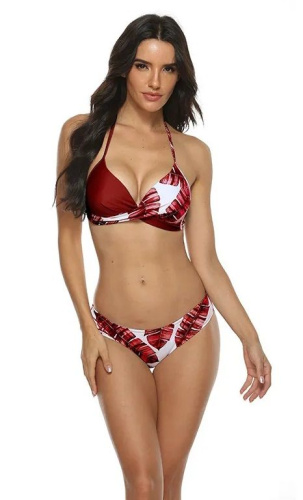 Женский красно-белый раздельный купальник с растительным принтом фото 2
